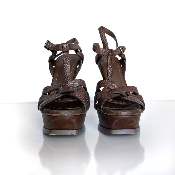 Yves Saint Laurent Bronze Tribute Croc Embossed Platform Leather High Heels Sz 7 - Picture 5 of 11